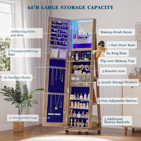 360° Rotating Jewelry Armoire with Mirror, Full Length Mirror with Storage, Mirror Jewelry Cabinet Standing with LED Lights, Lockable Jewelry Organizer Stand/Foldable Makeup Shelf, White in Saudi Arabia