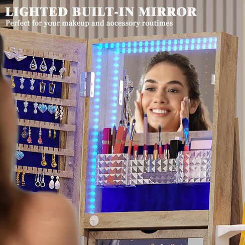 360° Rotating Jewelry Armoire with Mirror, Full Length Mirror with Storage, Mirror Jewelry Cabinet Standing with LED Lights, Lockable Jewelry Organizer Stand/Foldable Makeup Shelf, White in Saudi Arabia