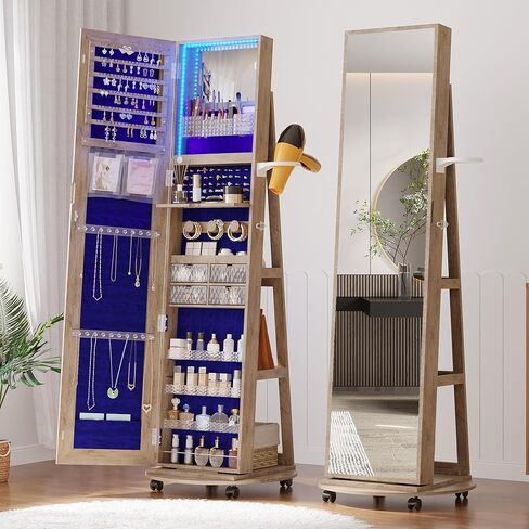 360° Rotating Jewelry Armoire with Mirror, Full Length Mirror with Storage, Mirror Jewelry Cabinet Standing with LED Lights, Lockable Jewelry Organizer Stand/Foldable Makeup Shelf, White in Saudi Arabia