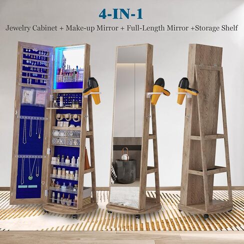 360° Rotating Jewelry Armoire with Mirror, Full Length Mirror with Storage, Mirror Jewelry Cabinet Standing with LED Lights, Lockable Jewelry Organizer Stand/Foldable Makeup Shelf, White in Saudi Arabia