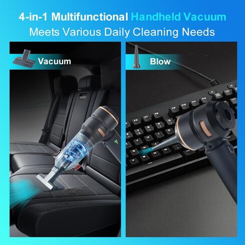 Handheld Foldable Car Vacuum, 4-in-1 18000PA Mini Vacuum Cleaner Portable Cordless, Air Blower, High Power Air Duster with Brushless Motor, for Car, Home, Office, Camping (Black) in Kuwait