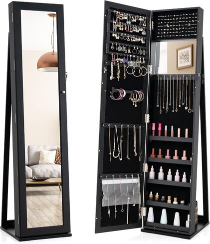 LOKO Lockable Jewelry Cabinet, Large Capacity Makeup Organizer with Full-Length Mirror, Built-in Makeup Mirror, 5 Storage Shelves, Floor Standing Jewelry Armoire for Living Room, Bedroom (Espresso) in Saudi Arabia