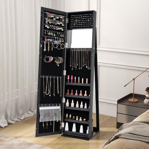 LOKO Lockable Jewelry Cabinet, Large Capacity Makeup Organizer with Full-Length Mirror, Built-in Makeup Mirror, 5 Storage Shelves, Floor Standing Jewelry Armoire for Living Room, Bedroom (Espresso) in Saudi Arabia
