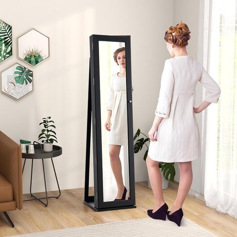 LOKO Lockable Jewelry Cabinet, Large Capacity Makeup Organizer with Full-Length Mirror, Built-in Makeup Mirror, 5 Storage Shelves, Floor Standing Jewelry Armoire for Living Room, Bedroom (Espresso) in Saudi Arabia