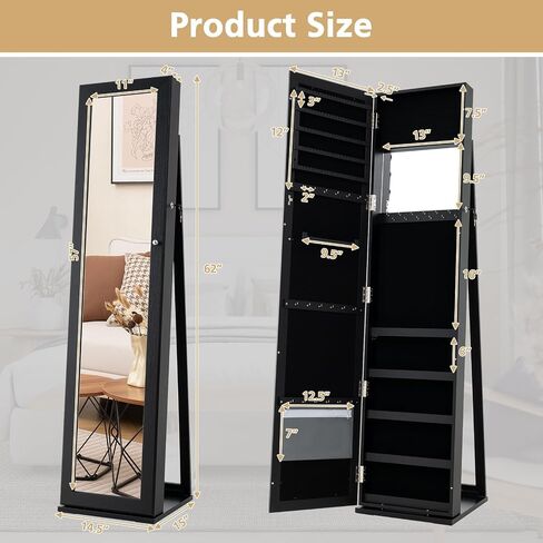 LOKO Lockable Jewelry Cabinet, Large Capacity Makeup Organizer with Full-Length Mirror, Built-in Makeup Mirror, 5 Storage Shelves, Floor Standing Jewelry Armoire for Living Room, Bedroom (Espresso) in Saudi Arabia