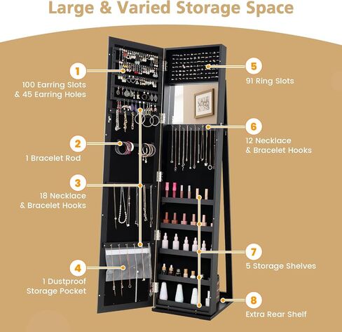 LOKO Lockable Jewelry Cabinet, Large Capacity Makeup Organizer with Full-Length Mirror, Built-in Makeup Mirror, 5 Storage Shelves, Floor Standing Jewelry Armoire for Living Room, Bedroom (Espresso) in Saudi Arabia