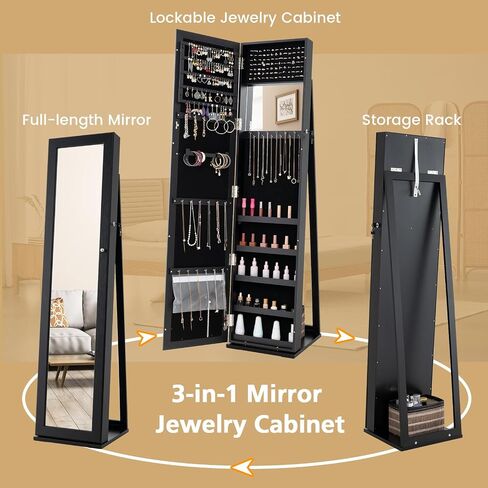 LOKO Lockable Jewelry Cabinet, Large Capacity Makeup Organizer with Full-Length Mirror, Built-in Makeup Mirror, 5 Storage Shelves, Floor Standing Jewelry Armoire for Living Room, Bedroom (Espresso) in Saudi Arabia