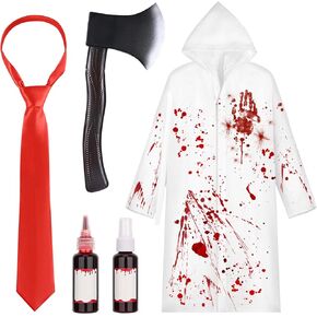 5 Pcs Halloween Psycho Killer Costume Include Raincoat, Tie,Plastic Fake Axe,Faux Blood and Business Card for Men Women Party Dress Up Multi in Kuwait