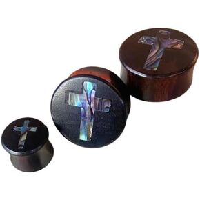 PAIR of Beautiful Abalone Shell Cross Inlay Black Wood Saddle Plugs - Tunnels - Gauges - Body Jewelry in Saudi Arabia