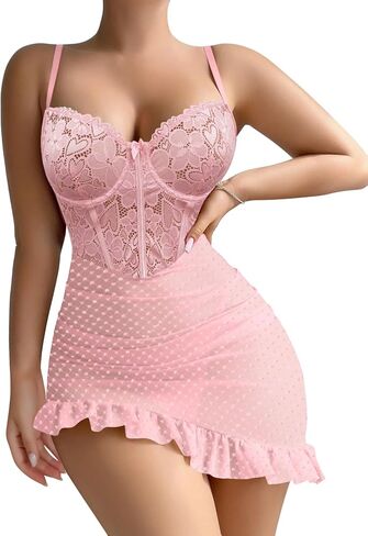 مثير مشد bodycon الكشكش الدانتيل الدانتيل شفافة تحت الأسلاك babydoll لباس الملابس الملابس الثياب 2 قطعة مع ثونغ in Kuwait