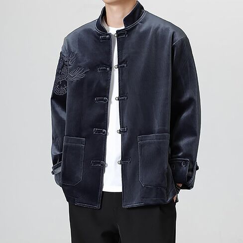 Autumn And Winter Tang Suit,Chinese Style Men Casual Velvet Embroidery Thickened Stand Collar Tang Suit（Light Gray,Dark Blue in Saudi Arabia