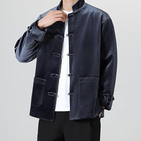 Autumn And Winter Tang Suit,Chinese Style Men Casual Velvet Embroidery Thickened Stand Collar Tang Suit（Light Gray,Dark Blue in Saudi Arabia