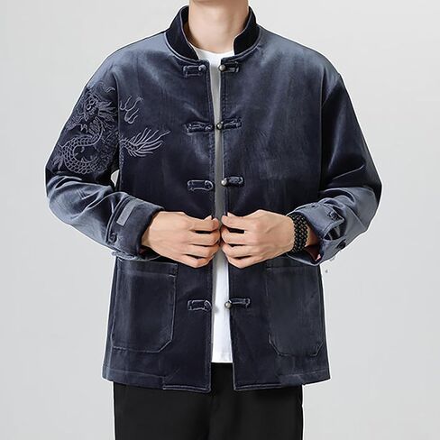 Autumn And Winter Tang Suit,Chinese Style Men Casual Velvet Embroidery Thickened Stand Collar Tang Suit（Light Gray,Dark Blue in Saudi Arabia