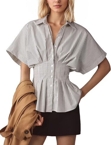 Womens Striped Shirts Button Down Short Sleeve Pleated Peplum Blouses Dressy Casual Lapel Tops Summer Business Shirt in Saudi Arabia