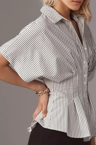 Womens Striped Shirts Button Down Short Sleeve Pleated Peplum Blouses Dressy Casual Lapel Tops Summer Business Shirt in Saudi Arabia