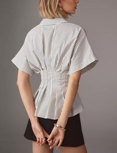 Womens Striped Shirts Button Down Short Sleeve Pleated Peplum Blouses Dressy Casual Lapel Tops Summer Business Shirt in Saudi Arabia