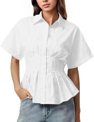 Womens Striped Shirts Button Down Short Sleeve Pleated Peplum Blouses Dressy Casual Lapel Tops Summer Business Shirt in Saudi Arabia