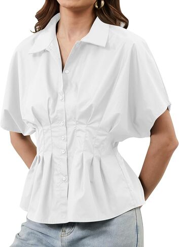 Womens Striped Shirts Button Down Short Sleeve Pleated Peplum Blouses Dressy Casual Lapel Tops Summer Business Shirt in Saudi Arabia