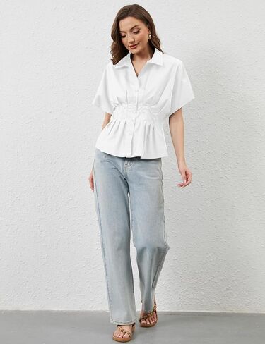 Womens Striped Shirts Button Down Short Sleeve Pleated Peplum Blouses Dressy Casual Lapel Tops Summer Business Shirt in Saudi Arabia