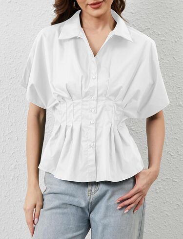 Womens Striped Shirts Button Down Short Sleeve Pleated Peplum Blouses Dressy Casual Lapel Tops Summer Business Shirt in Saudi Arabia