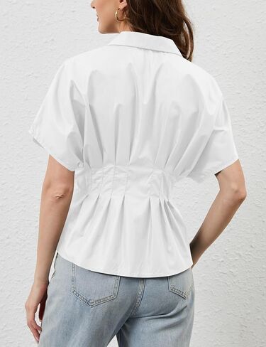 Womens Striped Shirts Button Down Short Sleeve Pleated Peplum Blouses Dressy Casual Lapel Tops Summer Business Shirt in Saudi Arabia