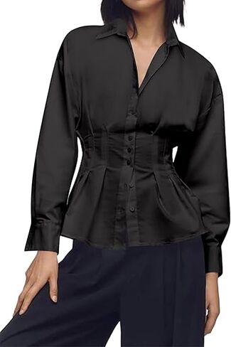 Womens Striped Shirts Button Down Short Sleeve Pleated Peplum Blouses Dressy Casual Lapel Tops Summer Business Shirt in Saudi Arabia