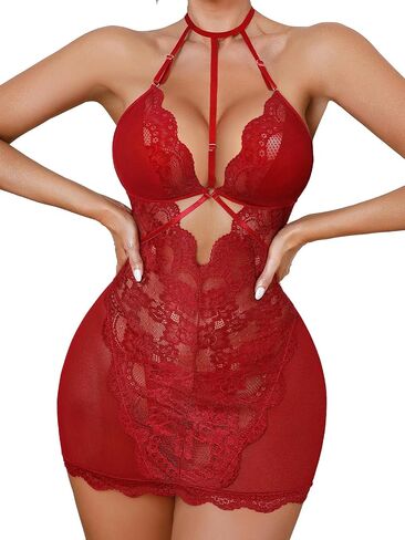 Aranmei Women Lingerie Sexy Lace Teddy Babydoll Chemise Halter Nightwear Sleepwear with Thong in Saudi Arabia