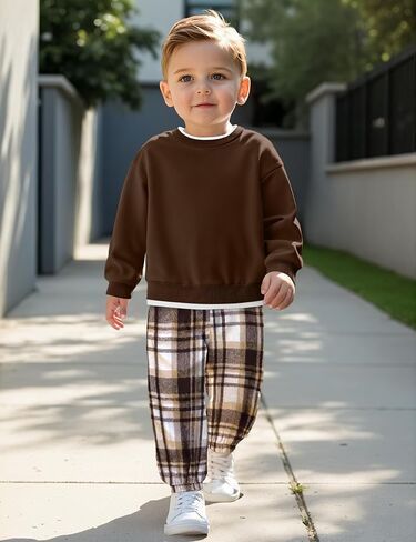 ملابس الأولاد حول رقبة رقبة بلا غطاء قميص أعلى + سراويل منقوشة للبنين الخريف خريف شتاء 2 قطعة الحجم 3-7T in Kuwait