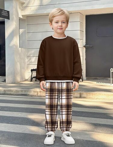 ملابس الأولاد حول رقبة رقبة بلا غطاء قميص أعلى + سراويل منقوشة للبنين الخريف خريف شتاء 2 قطعة الحجم 3-7T in Kuwait