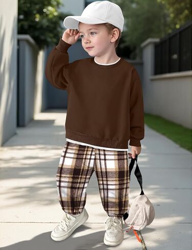 ملابس الأولاد حول رقبة رقبة بلا غطاء قميص أعلى + سراويل منقوشة للبنين الخريف خريف شتاء 2 قطعة الحجم 3-7T in Kuwait
