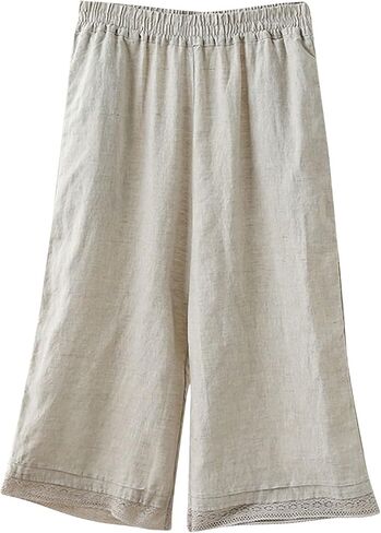 Capris Pants for Women Cotton Linen Summer Casual Pant Elastic Waist Plus Size Beach Trousers Straight Leg Crop Pant in Saudi Arabia