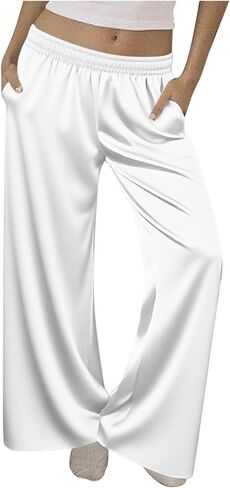 Silk Satin Pants for Women Elastic High Waisted Wide Leg Casual Loose Lounge Pants with Pockets Elastic Flowy Sweatpants in Saudi Arabia