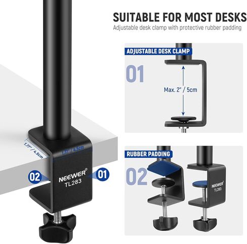 NEEWER Camera Desk Mount with Phone Holder & 360° Ball Head, 17"-40"/43-102cm Telescopic C Clamp Table Light Stand 1/4"Screw, Desktop Stand 6.6lb/3kg Max Load for DSLR Camera, Webcam, Ring Light,TL283 in Kuwait
