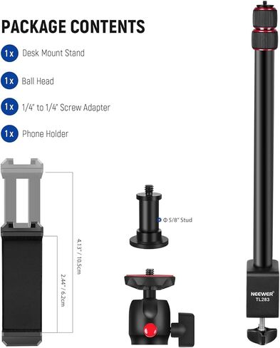 NEEWER Camera Desk Mount with Phone Holder & 360° Ball Head, 17"-40"/43-102cm Telescopic C Clamp Table Light Stand 1/4"Screw, Desktop Stand 6.6lb/3kg Max Load for DSLR Camera, Webcam, Ring Light,TL283 in Kuwait