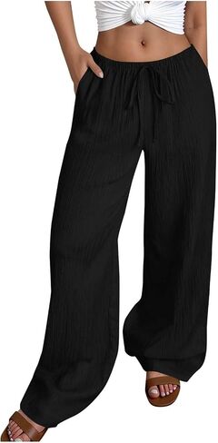 Cotton Linen Pants for Women Lightweight Summer Drawstring Palazzo Pants High Waisted Casual Wide Leg Solid Long Trousers in Saudi Arabia