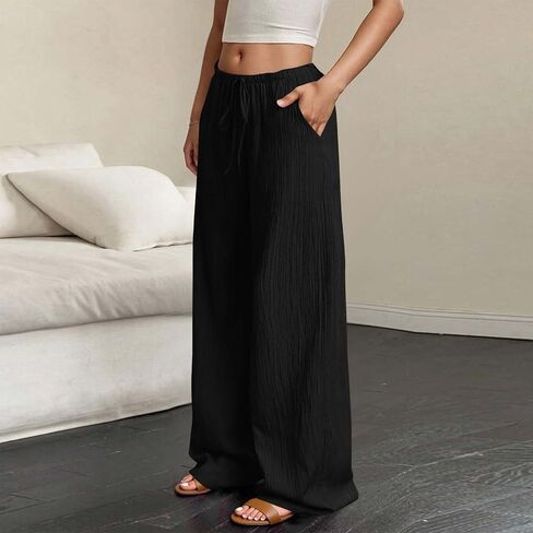 Cotton Linen Pants for Women Lightweight Summer Drawstring Palazzo Pants High Waisted Casual Wide Leg Solid Long Trousers in Saudi Arabia