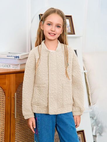 Haloumoning Girls Bomber Jacket Kids Cute Jacquard Zip Up Jackets Fashion Lightweight Outerwear with Pockets in Saudi Arabia