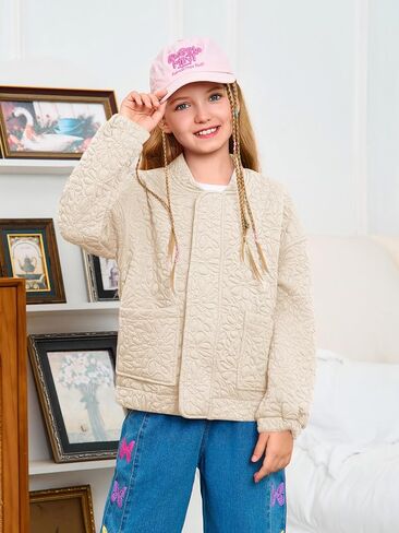 Haloumoning Girls Bomber Jacket Kids Cute Jacquard Zip Up Jackets Fashion Lightweight Outerwear with Pockets in Saudi Arabia