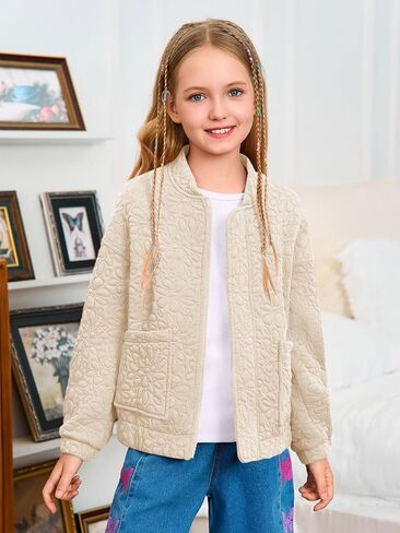 Haloumoning Girls Bomber Jacket Kids Cute Jacquard Zip Up Jackets Fashion Lightweight Outerwear with Pockets in Saudi Arabia