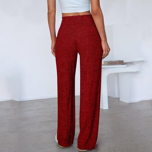 Women's Pleated Wide Leg Palazzo Pants with Drawstring Trendy Casual Elastic High Waist Trousers Loose Fit Lounge Pants in Saudi Arabia