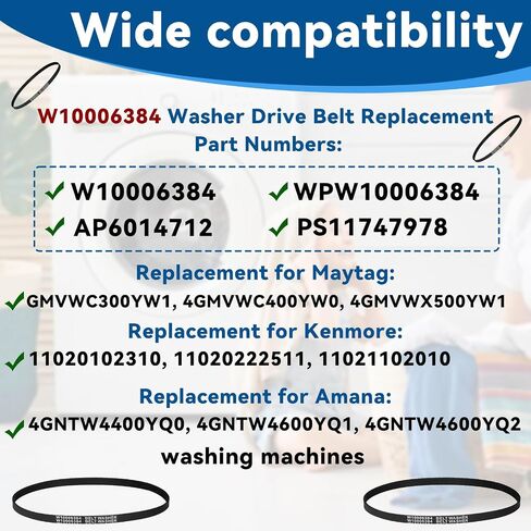 2 PCS W10006384 Washer Drive Belt, Replacement for Whirlpool, for Maytag, for Kenmore, Replacement Part for WPW10006384 AP6014712 PS11747978, Precise Adaptation, for Home Appliance Technicians in Saudi Arabia
