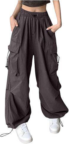 Women's Cargo Pants High Waisted Straight Wide Leg Pant Loose Lightweight Drawstring Trousers Hip Hop Y2K Streetwear Lounge in Saudi Arabia
