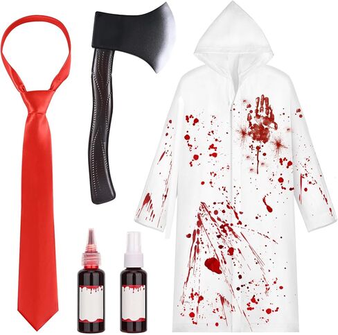 5 Pcs Halloween Psycho Killer Costume Include Raincoat, Tie,Plastic Fake Axe,Faux Blood and Business Card for Men Women Party Dress Up Multi in Kuwait