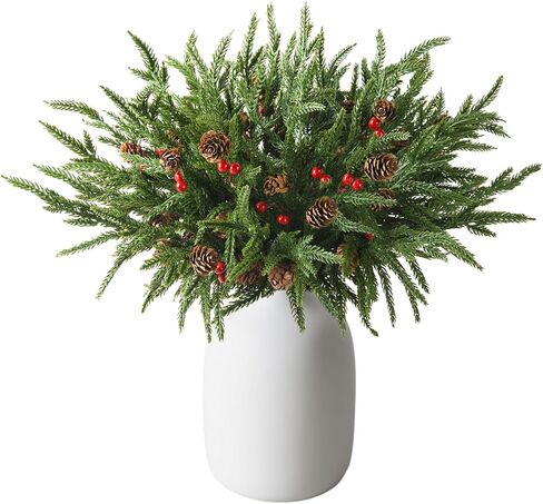 10PCS Christmas Norfolk Pine Stems, Real Touch 19 Inch Artificial Norfolk Pine Branches, Fake Greenery Pine Picks for Vase DIY Holiday Winter Table Indoor Decor(Green) in Kuwait