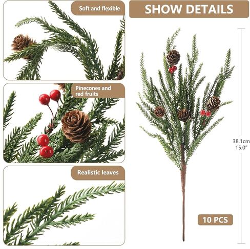 10PCS Christmas Norfolk Pine Stems, Real Touch 19 Inch Artificial Norfolk Pine Branches, Fake Greenery Pine Picks for Vase DIY Holiday Winter Table Indoor Decor(Green) in Kuwait