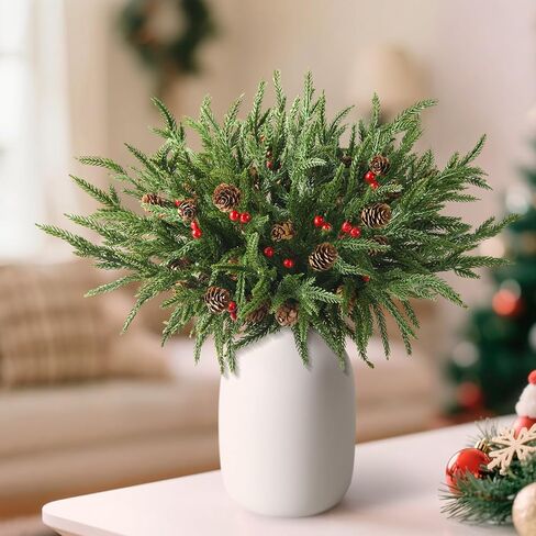 10PCS Christmas Norfolk Pine Stems, Real Touch 19 Inch Artificial Norfolk Pine Branches, Fake Greenery Pine Picks for Vase DIY Holiday Winter Table Indoor Decor(Green) in Kuwait