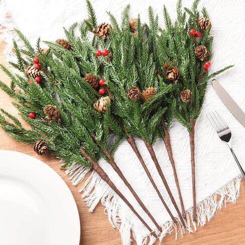 10PCS Christmas Norfolk Pine Stems, Real Touch 19 Inch Artificial Norfolk Pine Branches, Fake Greenery Pine Picks for Vase DIY Holiday Winter Table Indoor Decor(Green) in Kuwait