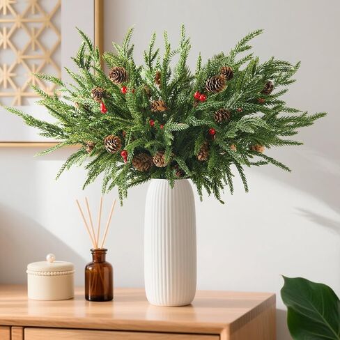 10PCS Christmas Norfolk Pine Stems, Real Touch 19 Inch Artificial Norfolk Pine Branches, Fake Greenery Pine Picks for Vase DIY Holiday Winter Table Indoor Decor(Green) in Kuwait