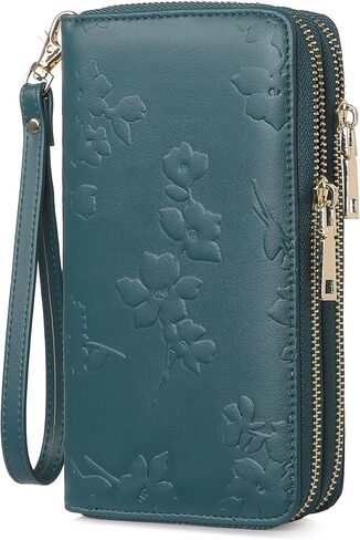 Womens Wallet RFID حظر سعة كبيرة من الجلد مزدوج zip wristlet wallet بطاقة الائتمان حامل الهاتف السيدات محفظة القابض in Kuwait
