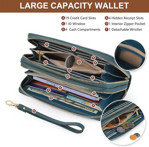 Womens Wallet RFID حظر سعة كبيرة من الجلد مزدوج zip wristlet wallet بطاقة الائتمان حامل الهاتف السيدات محفظة القابض in Kuwait